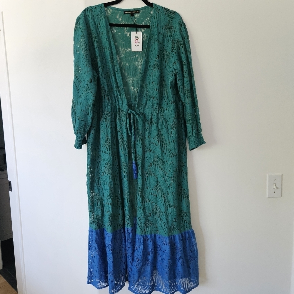 Emerald Blue Tiered Swim Coverup with Bishop Sleeves